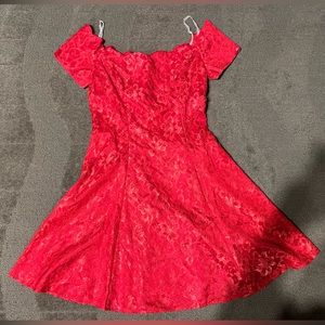 Vintage Paris Sport Club Bright Red Floral Lace Dress Off-Shoulder Fit & Flare